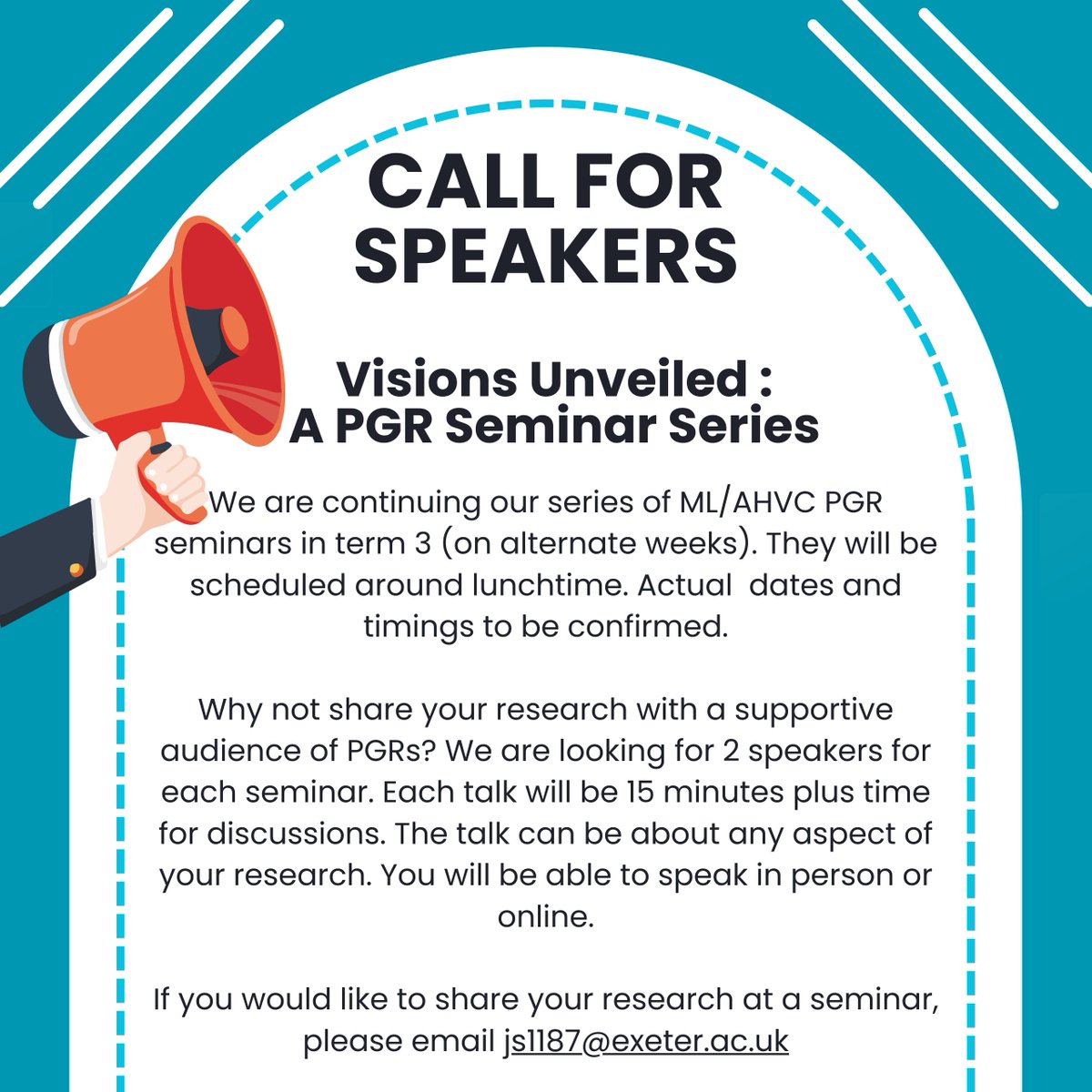 Visions Unveiled AHVC/ML PGR Conference 2024 (@exetervisions24) on Twitter photo Call for PGR Speakers
Why not share your research with a supportive audience? We are looking for speakers for our ML/AHVC PGR seminars in term 3 (on alternate weeks). Actual dates and timings (around lunchtime)TBC
<a href="/ExeterModLangs/">Exeter Modern Languages & Cultures</a> <a href="/UofE_ArtHistory/">Exeter Art History & Visual Culture</a> <a href="/UniOfExeterHASS/">Faculty of Humanities, Arts & Social Sciences</a> <a href="/ExeterDoctoral/">Uni of Exeter Doctoral College</a> Call for PGR Speakers
Why not share your research with a supportive audience? We are looking for speakers for our ML/AHVC PGR seminars in term 3 (on alternate weeks). Actual dates and timings (around lunchtime)TBC
<a href="/ExeterModLangs/">Exeter Modern Languages & Cultures</a> <a href="/UofE_ArtHistory/">Exeter Art History & Visual Culture</a> <a href="/UniOfExeterHASS/">Faculty of Humanities, Arts & Social Sciences</a> <a href="/ExeterDoctoral/">Uni of Exeter Doctoral College</a>