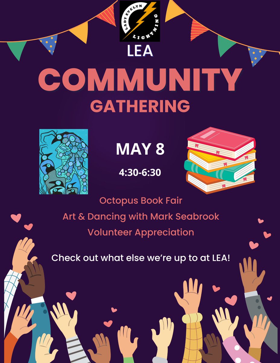 Come and join us at Lady Evelyn Alternative School for a Community Gathering on May 8! 
Visit our book fair with Octopus Books. 
Enjoy art and dancing with Mark Seabrook.
Celebrate our wonderful volunteers.
<a href="/OCDSB/">OCDSB</a>
<a href="/OctopusBooks/">Octopus Bookstore</a> 
#ocdsbalternative