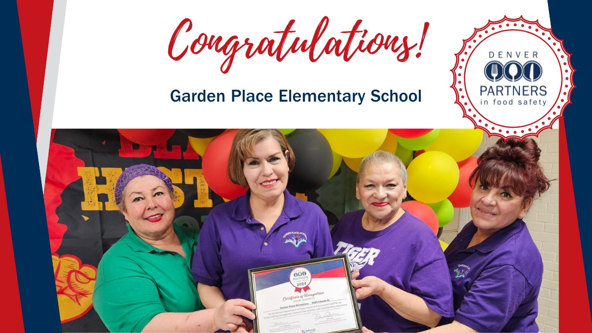 Congratulations to Garden Place Elementary School on becoming a #PartnerInFoodSafety! Partners in Food Safety is a program designed to recognize Denver food facilities that consistently promote and maintain excellent food safety practices. Learn more: denvergov.org/partnersfoodsa…