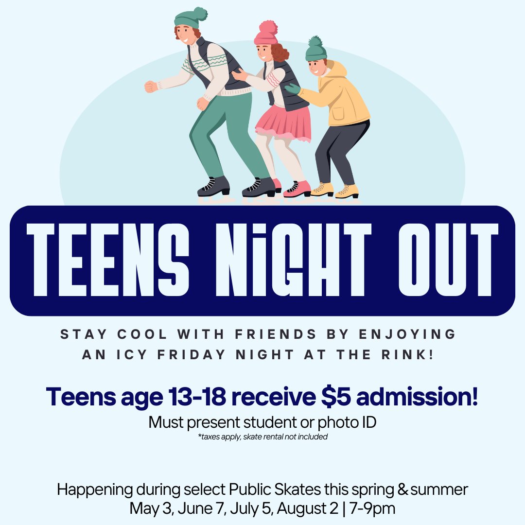 The first Teens Night Out of the spring is this Friday! Teenagers age 13-18 receive $5 admission into the Public Skate happening 7-9pm😍Get your friends together and join us on the ice!