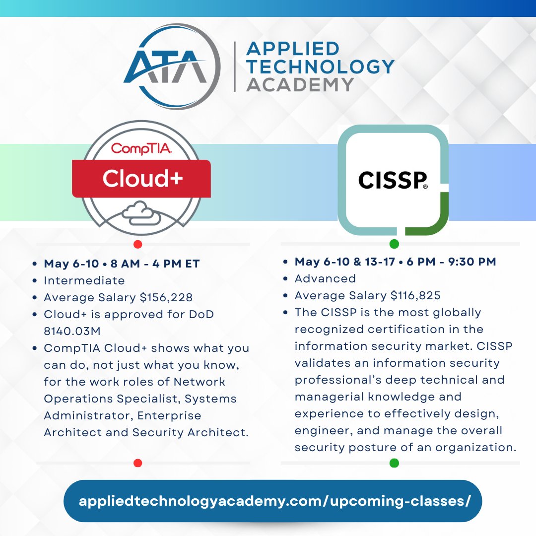 CompTIA Cloud+ May 6-10 • 8 AM - 4 PM appliedtechnologyacademy.com/cloud-training… CISSP May 6-10 & 13-17 • 6 PM - 9:30 PM appliedtechnologyacademy.com/cissp-training… @CompTIA - The Computing Technology Industry Association #Cloud #Linux #may #Security #Cloud #Troubleshooting #tech #CISSP