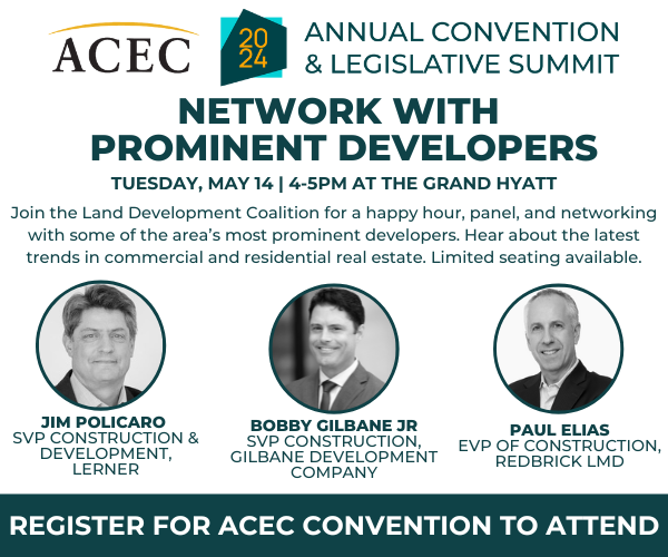 Hear the latest trends in commercial and residential real estate from some of Washington DC’s most prominent developers during a happy hour and panel at ACEC’s Annual Convention. Limited seating is available: bit.ly/49Z4Cxi #ACEC2024ANNUAL