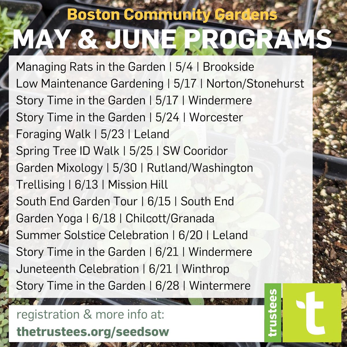 Spring is here! Join us at one of our many events in May & June. Register at thetrustees.org/seedsow or at the link in our bio. 
🌱🌱🌱

#boston #communitygardening #events #thingstodo #thetrusteesofreservstions
