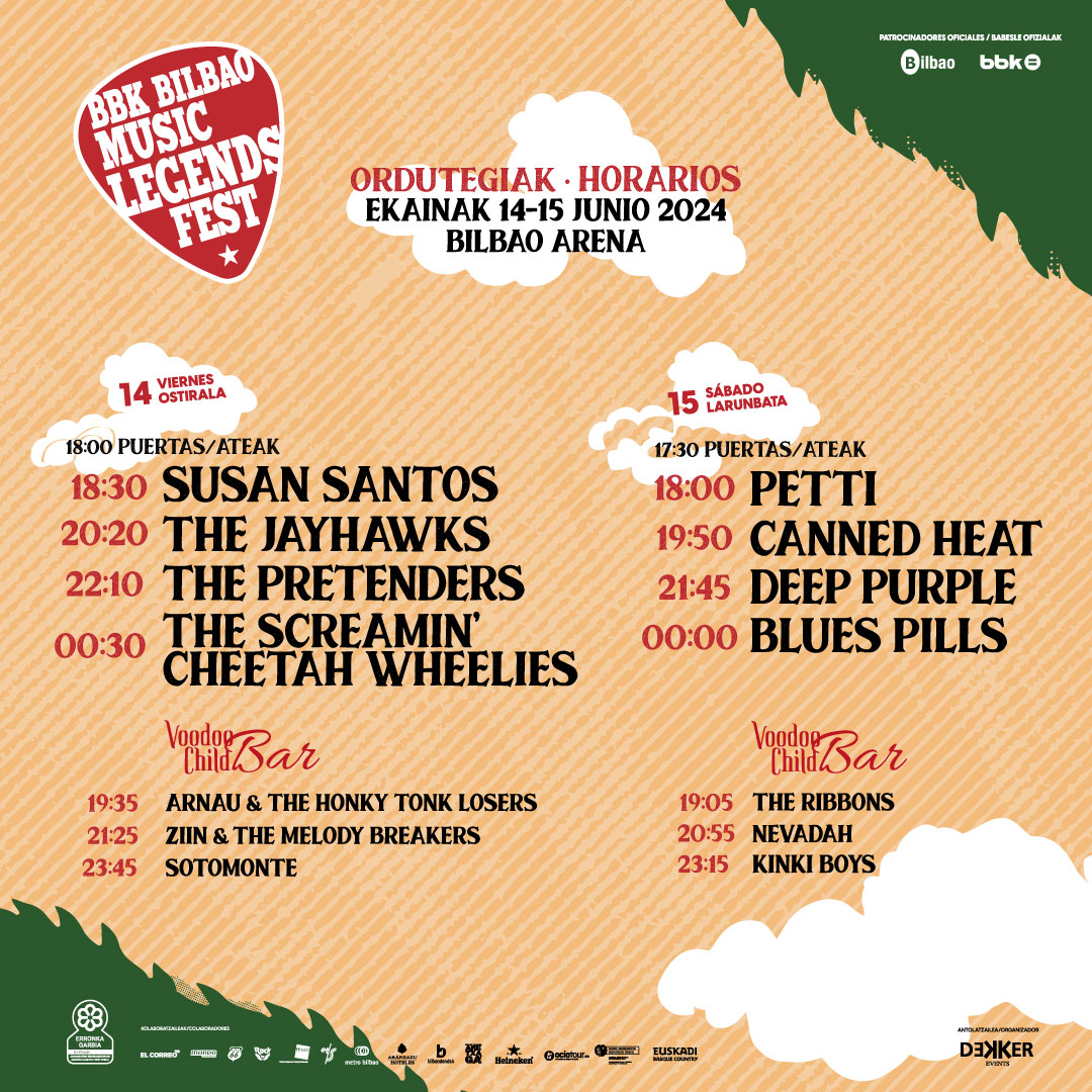 A falta de mes y medio para el comienzo del BBK #Bilbao Music Legends Fest en el @BilbaoArena ya se conocen los horarios. Recordemos que estarán bandas como @ThePretendersHQ, @_DeepPurple, @susansantos_ o @Ribbons_The entre otros. @Dekkerevents lc.cx/LsJGbp