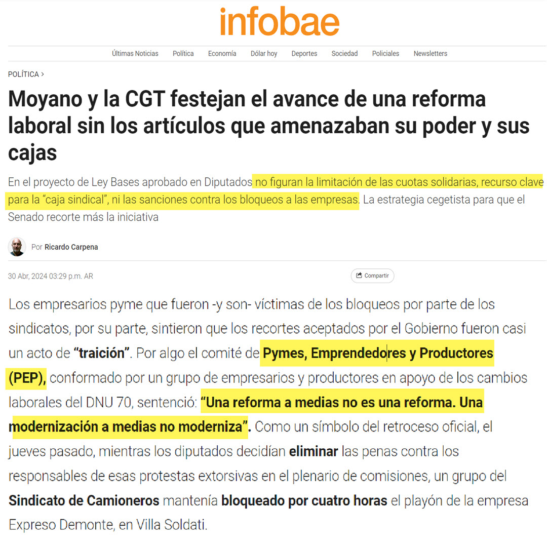 Los empresarios pyme que fueron -y son- víctimas de los bloqueos por parte de los sindicatos, por su parte, sintieron que los recortes aceptados por el Gobierno fueron casi un acto de “traición”. Por algo el comité de Pymes, Emprendedores y Productores (PEP), conformado por un