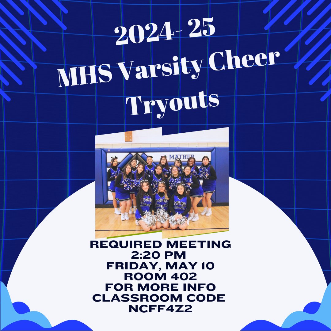 Calling current freshman through junior students! Cheerleading tryouts for the 2024-25 school year are here! Join the us for a Mandatory Meeting on May 10th.

Use the Google Classroom code NCFF4Z2 to join for more info.