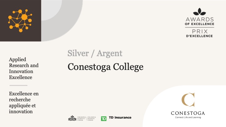 Congratulations to @ConestogaC for winning the Silver Award in Applied Research and Innovation Excellence! Félicitations au @ConestogaC pour avoir remporté le prix d'argent pour l'excellence en matière de recherche appliquée et d'innovation.