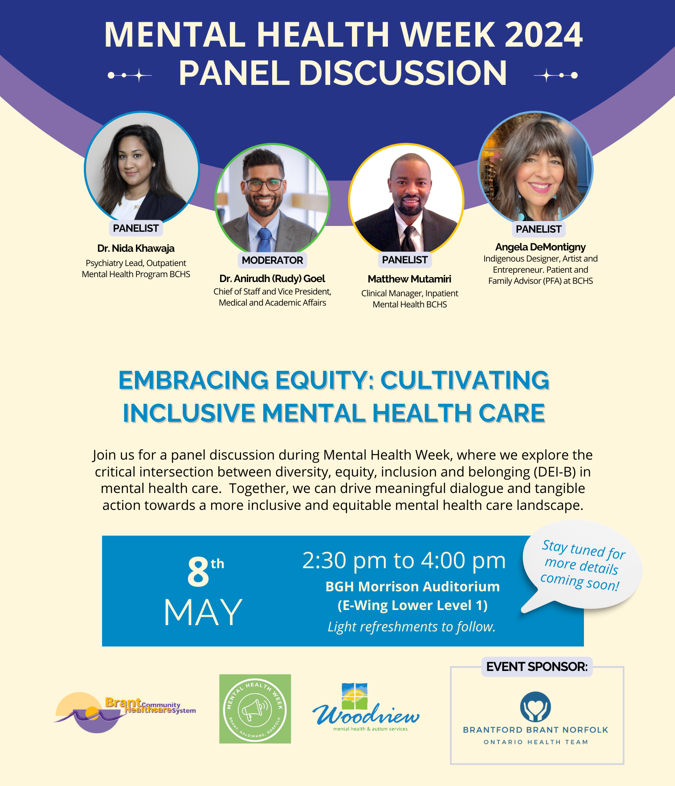 💚Mental Health Week 2024! Join us for a panel discussion to explore the intersection between diversity, equity, inclusion & belonging in mental health! 💬 May 8 2:30-4 PM BGH Morrison Auditorium 200 Terrace Hill #Brantford We're proud to partner with @bchsys & @bbnoht!