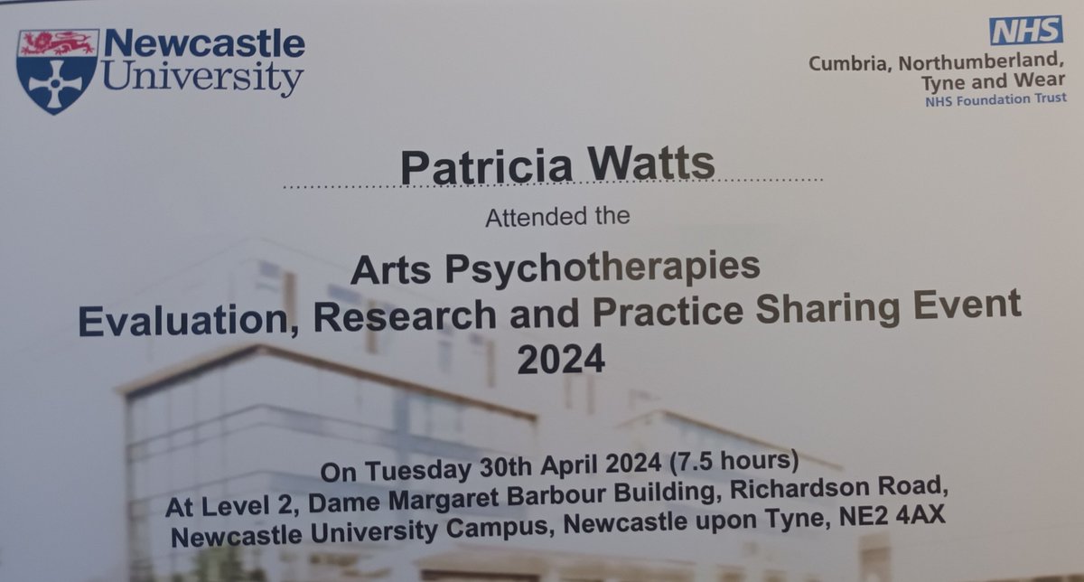 Thank you to @simonshackett and colleagues @UniofNewcastle for organising  such a fantastic event.  Great to connect with #ArtsTherapists and to hear about the different #ArtsTherapies practice developments and research projects happening. Very inspiring!