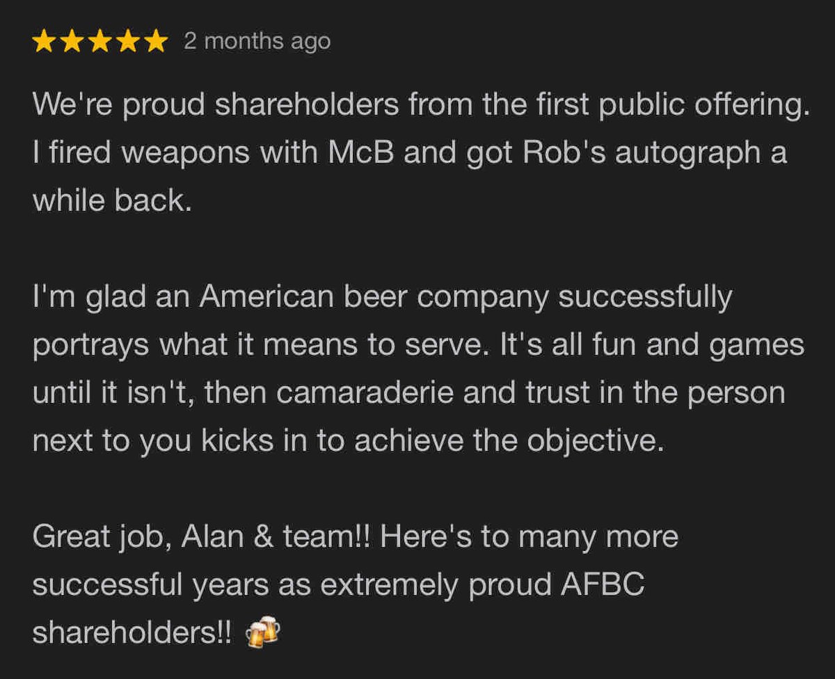 WE LOVE OUR SHAREHOLDERS! Another Incredible 5 Star Review From 1 of our 10,000+ Shareholders. Thank You For The Continued Support! Invest Today: OwnArmedForcesBrewingCo.com #Brewery #Norfolk #NorfolkVA #America #Freedom #Patriot #Beer #USA #ArmedForcesBrewingCompany #AFBCNFK