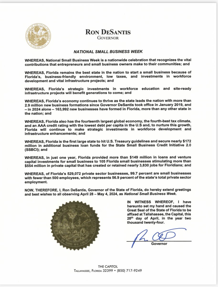 .@GovRonDeSantis declares April 28-May 4 National Small Business Week. 

Florida remains the best state in the nation to start a small business because of Florida’s business friendly environment, low taxes and investment in workforce development and vital infrastructure projects.