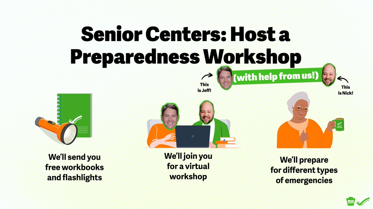 Senior centers! 🧓👵🏡 We want to help you prepare residents for emergencies. Sign up for a preparedness workshop, hosted by yours truly: bit.ly/prep-2gether 💪✅ #OlderAmericansMonth