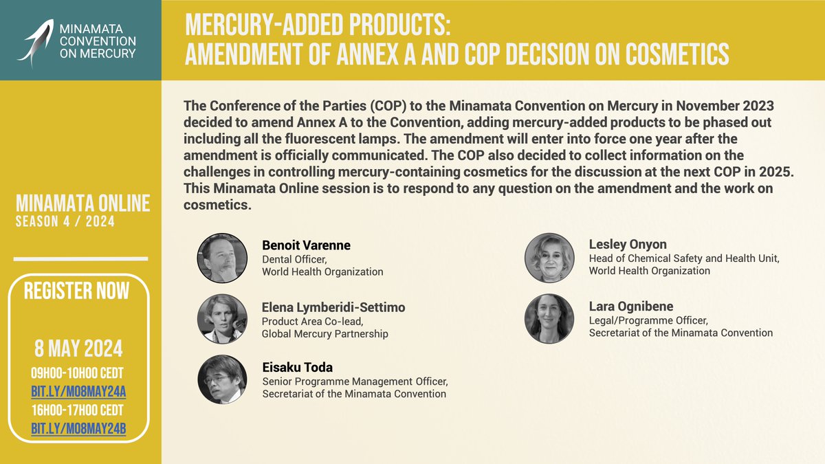 Minamata Online Virtual - 8 May 2024. Join us to discuss Mercury-added products: amendment of Annex A and COP decision on cosmetics minamataconvention.org/en/events/merc…