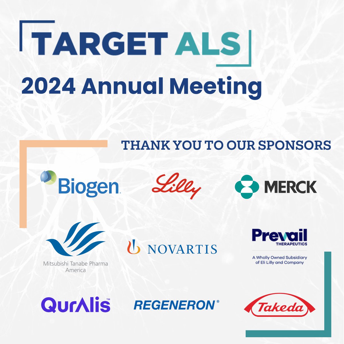 The 2024 Target ALS Annual Meeting will be held next week in #Boston, gathering hundreds from the #ALSresearch community: bit.ly/3JMWmFT #EndALS Thanks to our sponsors: @biogen @Merck Prevail Therapeutics @QurAlisCo Takeda @MTPA_US @EliLillyandCo @Regeneron @Novartis