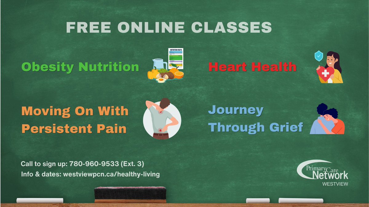 Sign up for a free, online health class today. Call 7809609533 Ext 3:

Moving on with Persistent Pain😣
May 1, 8, 15, 22, 29

Journey Through Grief🫂
May 7, 14, 21, 28

Obesity Clinic Nutrition🍏
May 7, 21

Heart Health🫀
June 26

westviewpcn.ca/healthy-living
#sprucegrove #stonyplain