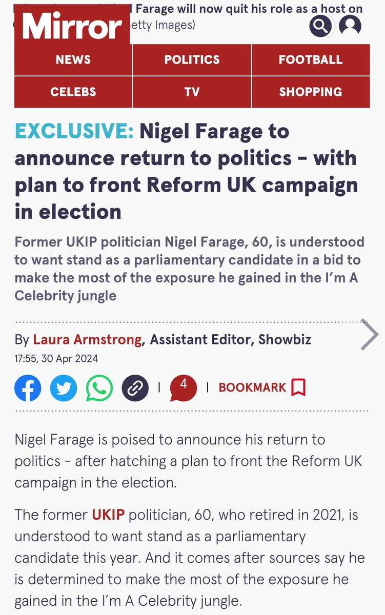 The Mirror are reporting Nigel Farage plans to step down from GB News and make a return to frontline politics as a parliamentary candidate The news comes as Farage tours the US alongside other right wing ideologues Reform UK are fielding candidates in just 1 in 6 councils as…