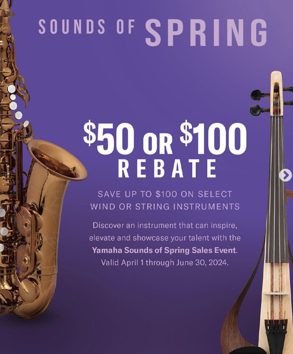 The Yamaha Band & Orchestra Sounds of Spring Sales Event is here! Now is the perfect time to step up to that intermediate or professional instrument. *Rebate will be in the form of a Visa prepaid card. 🎷🎺🎻 . More info on our website: straitmusic.com/t-sounds-of-sp…
