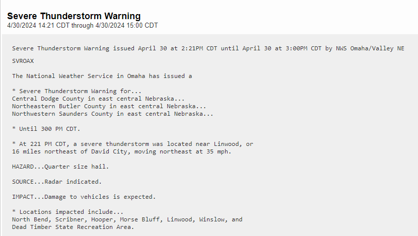 #Nebraska
Severe thunderstorm warning for Central #DodgeCounty N.E. #ButlerCounty  NW #SaundersCounty until 3pm.

Towns in it's path
#NorthBend #Scribner #Hooper #MorseBluff #Linwood #Winslow

#newx