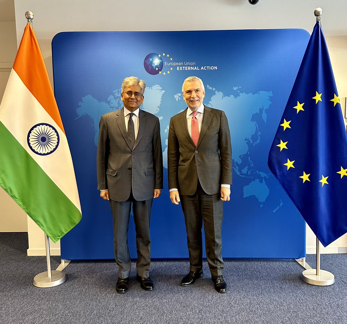 Amb @AmbSaurabhKumar had a cordial meeting with Mr Stefano Sannino, @EEAS_SecGen today. Wide ranging discussions on current & new areas of dialogue and cooperation. As natural partners in a changing world, there is growing 🇮🇳🇪🇺convergence based on shared values and principles