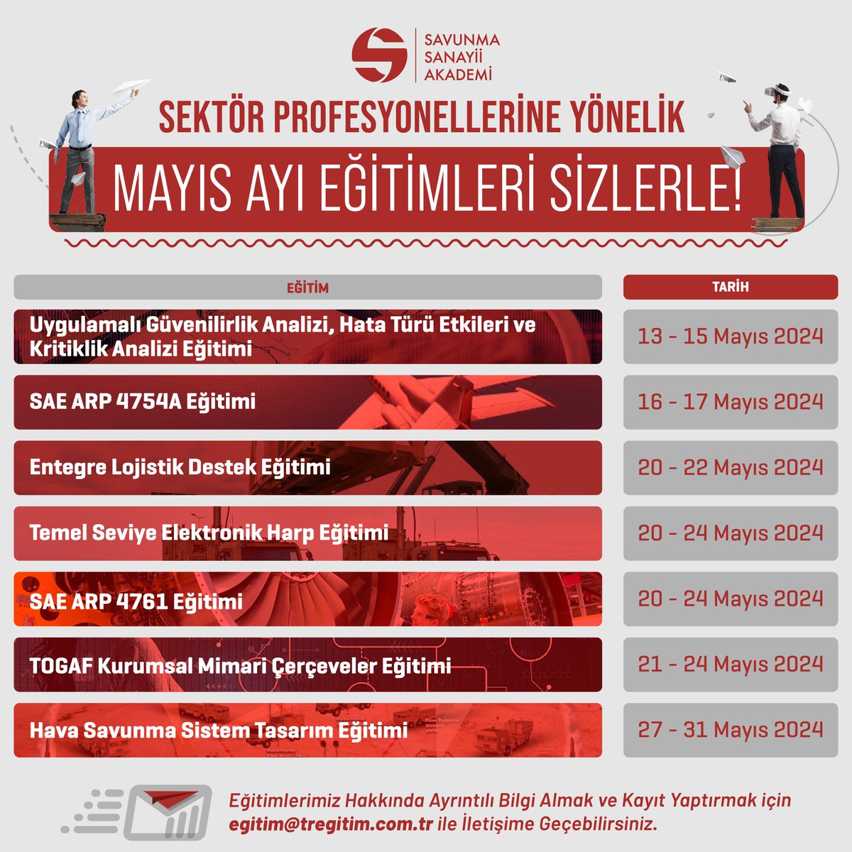 📢 Sektör profesyonellerine yönelik Mayıs ayı eğitimlerimiz sizlerle! Eğitimlerimiz hakkında bilgi almak ve kayıt oluşturmak için ⬇️ egitim@tregitim.com.tr #SavunmaSanayiiAkademi #eğitim