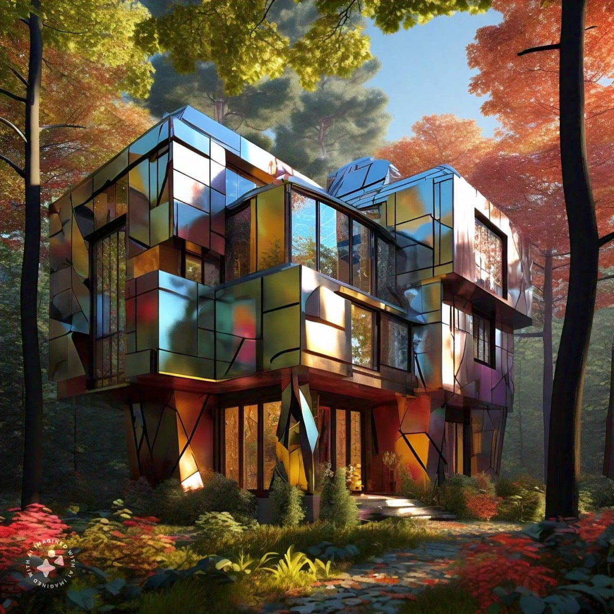 Mid morning prompt share: Futuristic cubism abstract, Family home, in the woods