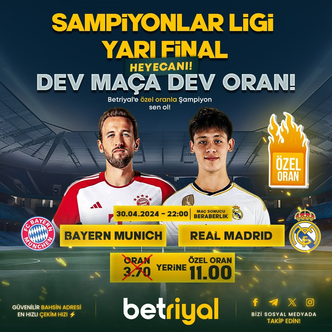 🎉 Betriyal'in kazandıran Dünyasında Günün Özel Oranlı Maçı !! ⚽️#BMunchen⚡️ #RealMadrid 🤟 Bahisler Sizden Oranları Katlamak Bizden !! 💻 Güncel Giriş:bit.ly/BetriyalGuncel…