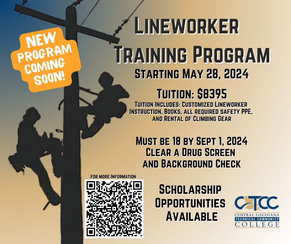 ⚡Lineworkers Power Lives⚡ New Lineworker Training Program starts May 28, 2024! Scholarship opportunities available for those who qualify. For more information, scan the QR code or click the link: tinyurl.com/4xamf946 #goCLTCC😸 #BobcatProud🐾 #WorkforceDevelopment