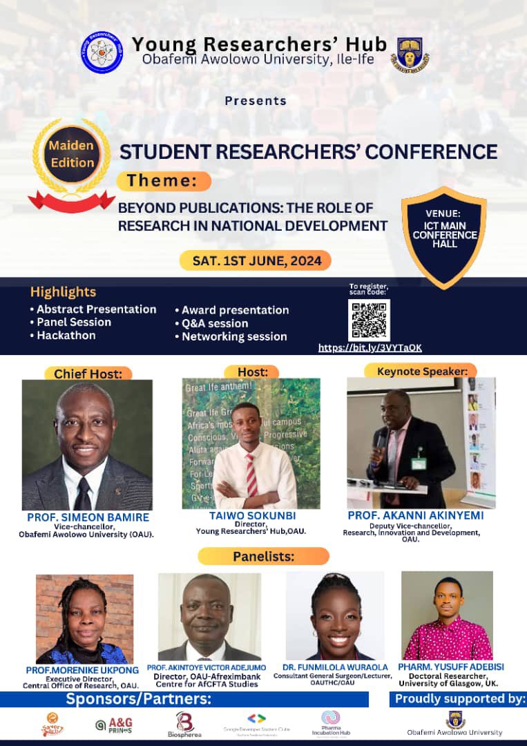 You’re invited to the maiden edition of the Student Researchers’ Conference Theme : Beyond Publications: The Role of Research In National Development. To be a part of this event please register by clicking the link: bit.ly/3VYTaOK Please note that attendance is free.