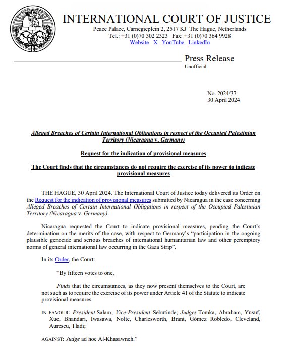 Germany will face a trial at the ICJ for violations of the Genocide Convention. Although the ICJ rejected Nicaragua’s PM request aimed at halting German arms exports to Israel due to procedural issues, the court has permitted the case Germany’s complicity in genocide to proceed.