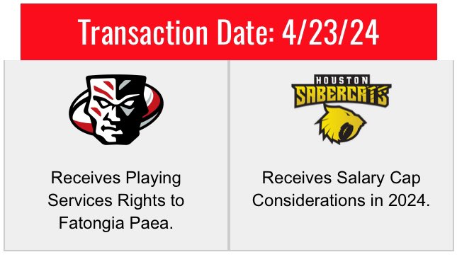 🚨TRADE ALERT 🚨 @utwarriorsrugby acquire 24yo @HarbourRugby prop Fatongia Paea from @HOUSaberCats in exchange for 2024 Cap Space (Unknown)! Paea has yet to appear in #MLR2024, and might now get a chance with Utah! #ForTheNation #SaberCatsRugby #MLRStats #MLR