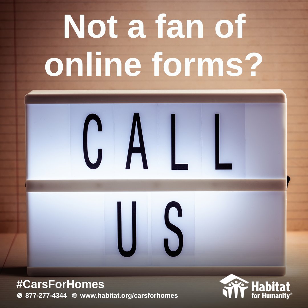Call us at 877-277-4344 to start your donation.

Learn more bit.ly/37tKx5S

#HabitatForHumanity 
#CarsForHomes 
#TaxDeductible
#CarDonations