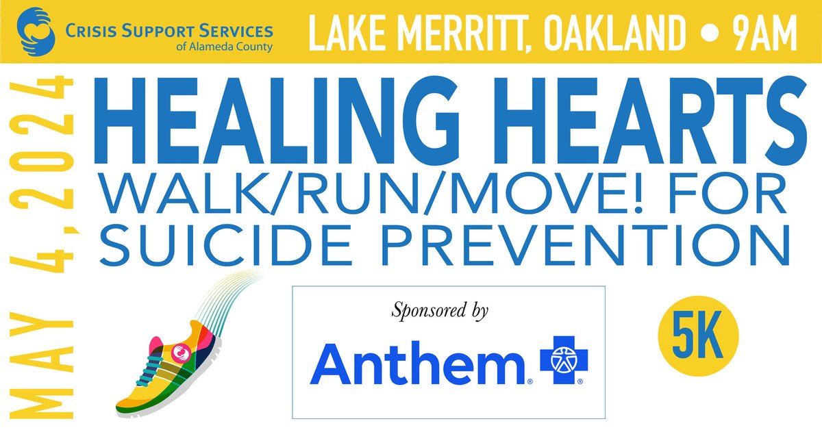 The @CSScrisisline Healing Hearts Wall/Run/MOVE! for Suicide Prevention is this Saturday, May 4 at Lake Merritt in Oakland. Bring your loved ones on this community day to raise awareness of mental health challenges and provide local support. Sign up: runsignup.com/healinghearts2…