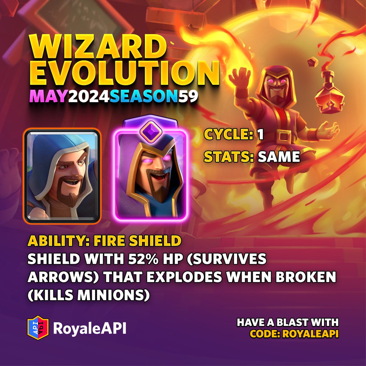 Wizard Evolution - coming to Clash Royale on Monday, May 6, 2024! on.royaleapi.com/wizardevo

👉 Cycle: 1
👉 Stats: Same
👉 Ability: Fire Shield

Shield with 52% HP (survives Arrows) that explodes when broken (kills Minions)