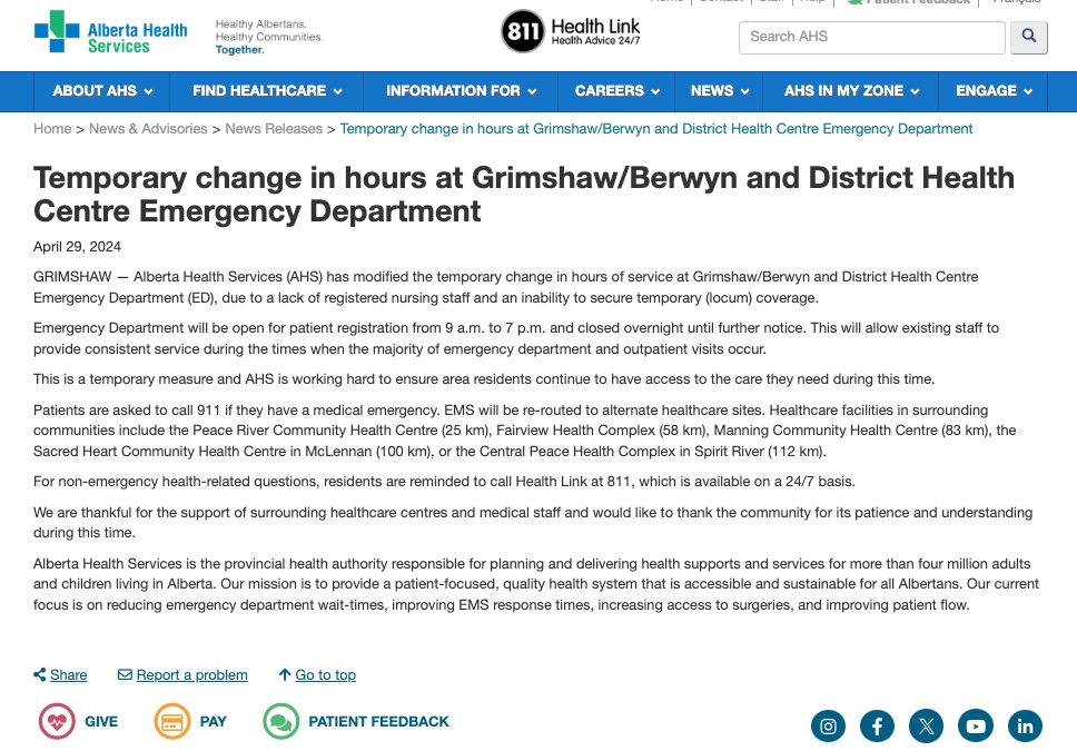 The ER in Grimshaw is operating on reduced hours due to a shortage of Registered Nurses. According to the AHS website, 28 hospitals across Alberta are currently reporting temporary service disruptions and closures, most due to staff shortages. #NeedNursesAB #ableg #abhealth