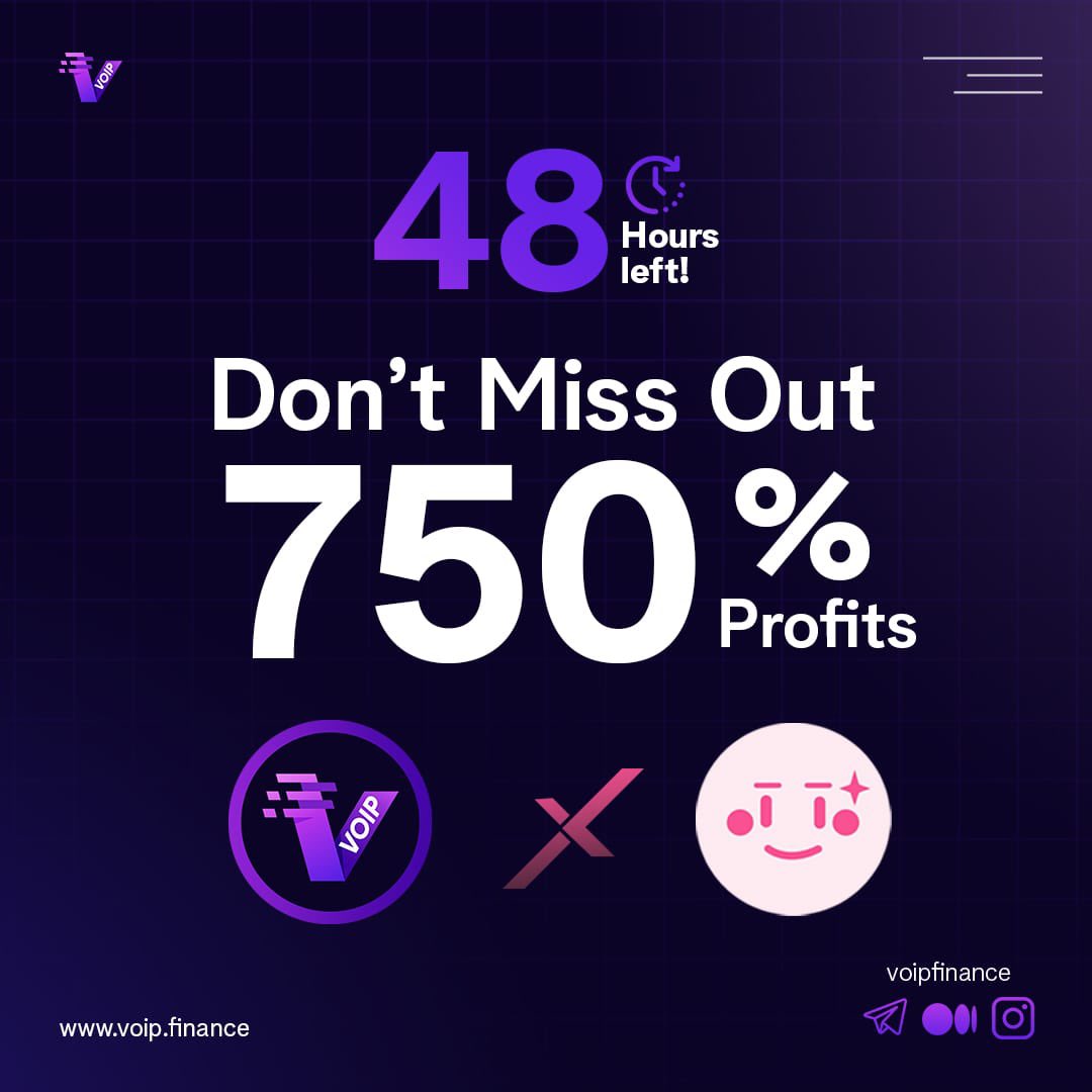 ⏳Countdown to $VoiP #Presale 

48 hours until our #presale ends!

✅Live #Price $0.02, 

🚀Launch #Price $0.15 

🔗 Secure Your Tokens: pinksale.finance/launchpad/ethe…

Act quickly to make the most of this opportunity. 

#VoIPFinance #PresaleFinalDays #CryptoInvestment #DontMissOut