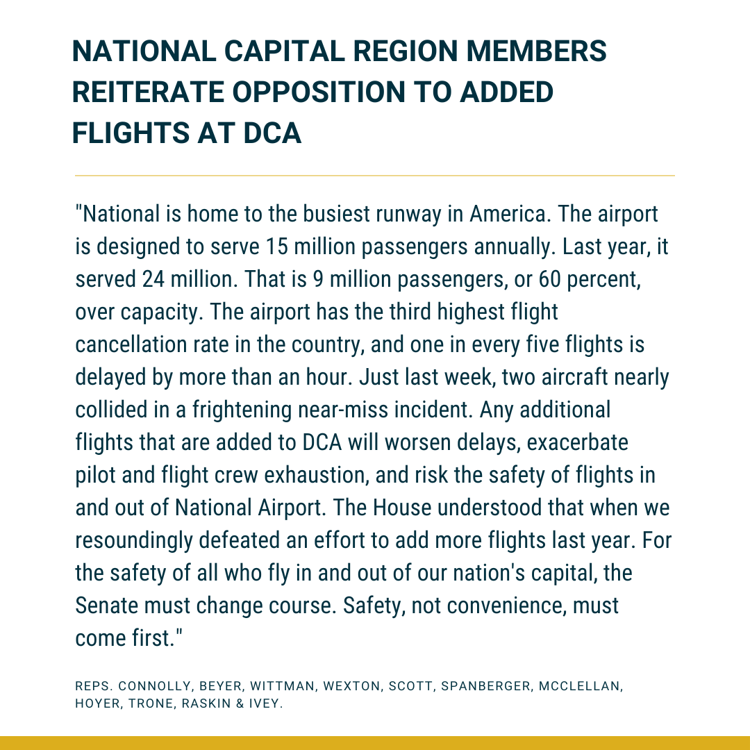 National Airport is 60% over capacity. Adding additional flights will worsen delays, exacerbate pilot and flight crew exhaustion, and risk the safety of passengers flying in and out of DCA. Our full statement:
