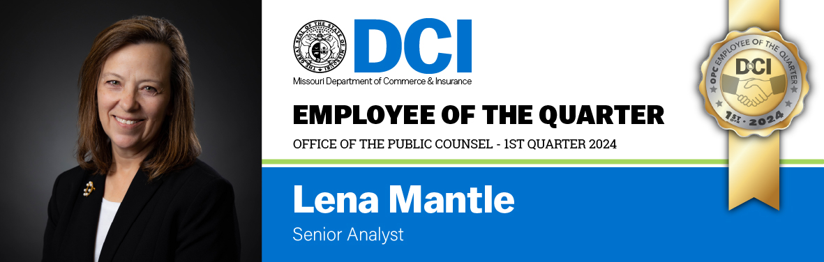 Congratulations to Senior Analyst Lena Mantle for being selected as the Office of the Public Counsel Employee of the Quarter! Lena has impressed colleagues with her exceptional work ethic, natural talent, & immense institutional knowledge of public utility regulation. #WeServeMo