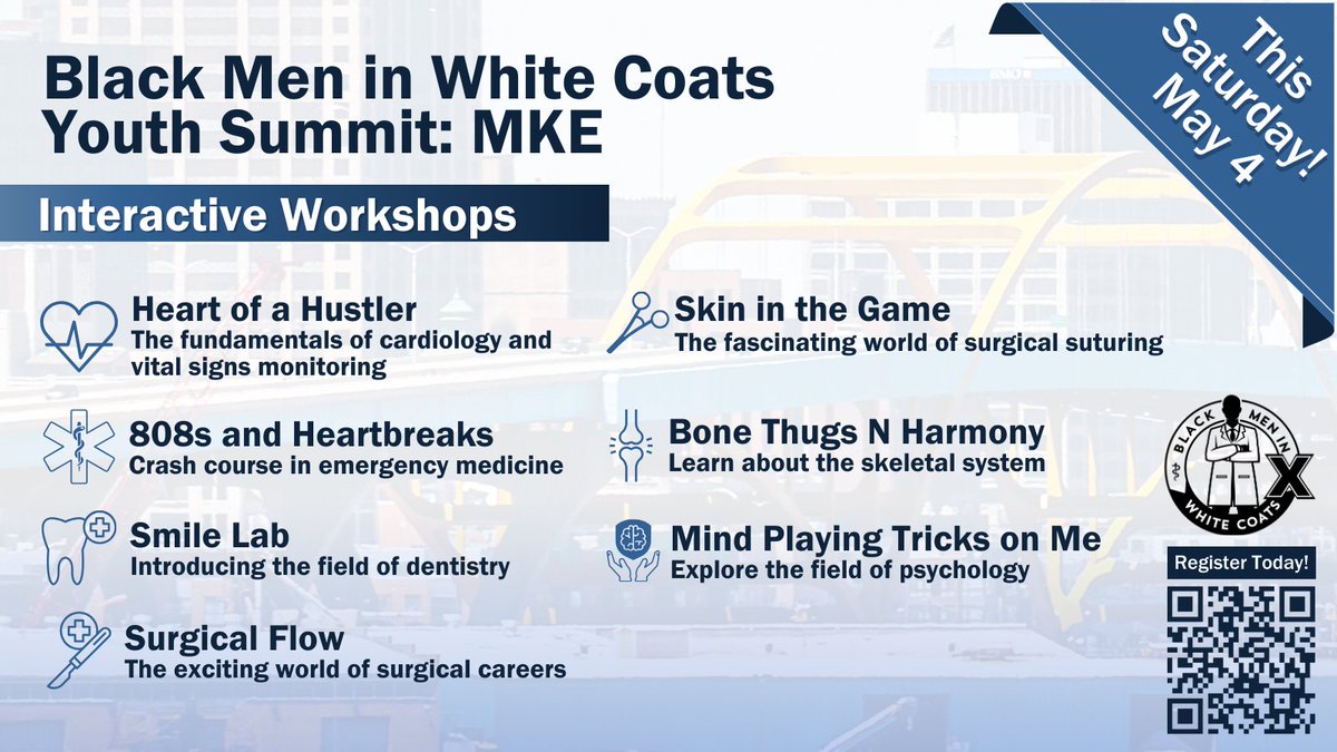 It's not too late to register for Black Men In White Coats Youth Summit: #Milwaukee this Saturday! Take a look ⬇ at our exciting lineup for interactive workshops, designed to provide underrepresented minority youth with exposure to the medical field ⚕ Learn more about our…