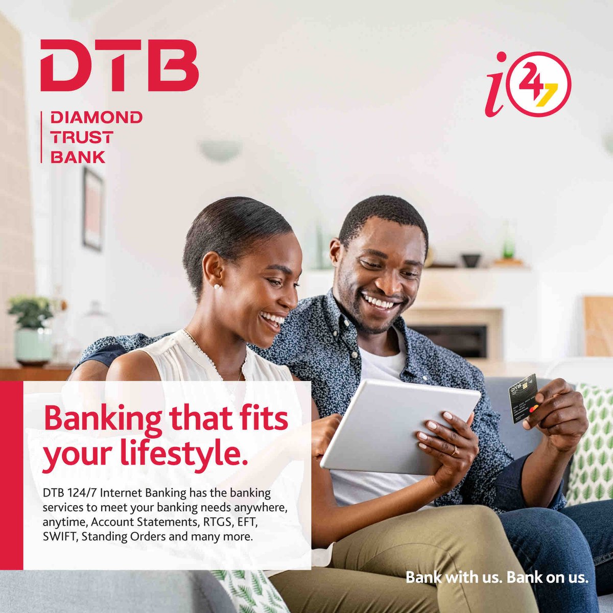 Enjoy today with family and friends as you bank conveniently with the DTB i24/7 internet banking. Call toll free 0800 242 242 or WhatsApp 0786 242 242 or email info@dtbuganda.co.ug for support. #BankWithUsBankOnUs