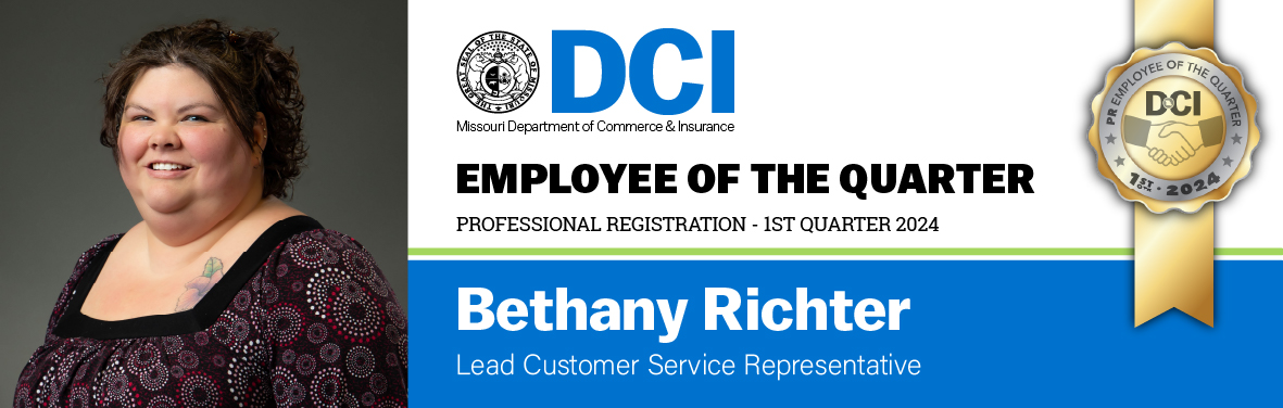 Congratulations to Lead Customer Service Representative Bethany Richter for being selected as Professional Registration Employee of the Quarter! Bethany has done a great job taking on usability testing as part of the online professional licensee system modernization. #WeServeMo