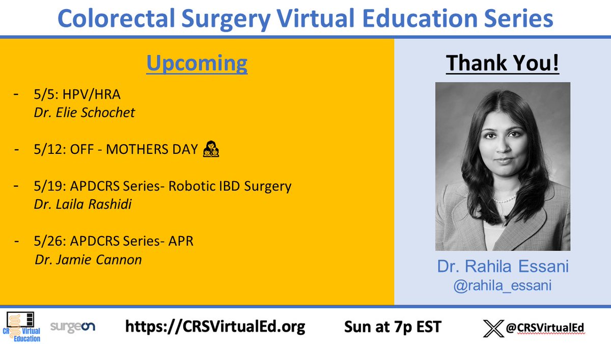 Coming soon👀 
~ 5/5- HPV/HRA
~ 5/12- Mother's Day👩‍👧‍👧
~ 5/19- APDCRS Series: Robotic IBD Surgery  
~ 5/26- APDCRS Series: APR
#colorectalsurgery #surgicaleducation #MedTwitter

Special thanks to Dr. @rahila_essani for making time for us and for her amazing lecture on Sunday🤩