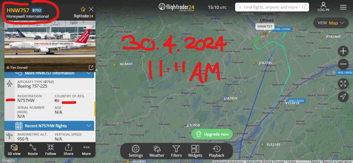 APRIL 30 2024 /10:55 AM

Military /CAF = Flying = WAY TOO LOW Should Be At Altitude of = 40,000 FEET // Only at 9,700 FT...???  #SKYBASTARDS
+ Not 'Actual Time'...Cover-up... /See =Actual Time: 'UTC' at Top of Screen...
Chemtrailing...

2nd Plane = 'Honeywell'/ Details in screen