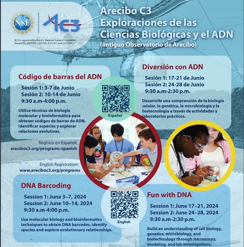 ¡Tu próxima aventura científica comienza aquí! Sé uno de los primeros estudiantes en participar en la fase piloto de actividades científicas celebradas en el antiguo Observatorio de Arecibo. 
Enlace:
areciboc3.org/programs-spani…
<a href="/nasa_pr/">NASA PR Space Grant Consortium</a>
