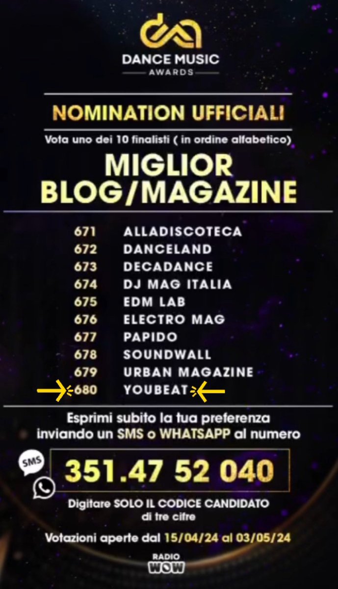 🗳️ Vota youBEAT ai #DanceMusicAwards 🇮🇹 per la categoria “Miglior Blog / Magazine” inviando un SMS o Whatsapp con il codice 6️⃣8️⃣0️⃣ al numero +39 3514752040 📲 (⚠️ si possono esprimere max 3 voti per lo stesso codice) ⌛️ Deadline votazioni: 3 Maggio 2024 dancemusicawards.it