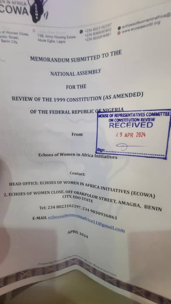 We at @ecowaafrica submitted A Memorandum to  @nassnigeria for the Constitutional Review. 
#genderbills inclusion to end marginalisation of Women in Nigeria @womenadvocate @palladium @NGRSenate @NigerianGovt