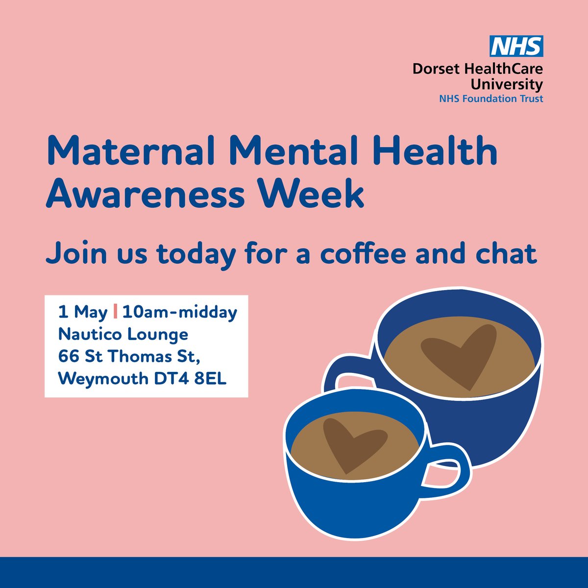 Dorset’s Maternal Mental Health Service are hosting a coffee morning tomorrow to mark #MaternalMentalHealthAwarenessWeek ⬇️ • 1 May, 10am – 12pm at Nautico Lounge #Weymouth dorsethealthcare.nhs.uk/perinatal-serv…