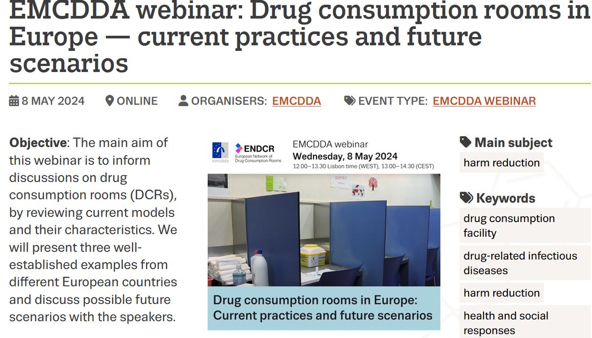 EMCDDA online webinar: Drug consumption rooms in Europe — current practices and future scenarios 8 May 2024 emcdda.europa.eu/event/2024/05/…