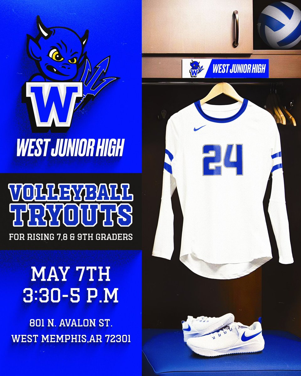 🏐WEST JR HIGH Volleyball Tryout Information🏐
•Please wear tennis shoes and proper attire 
• Physicals must be done before tryouts