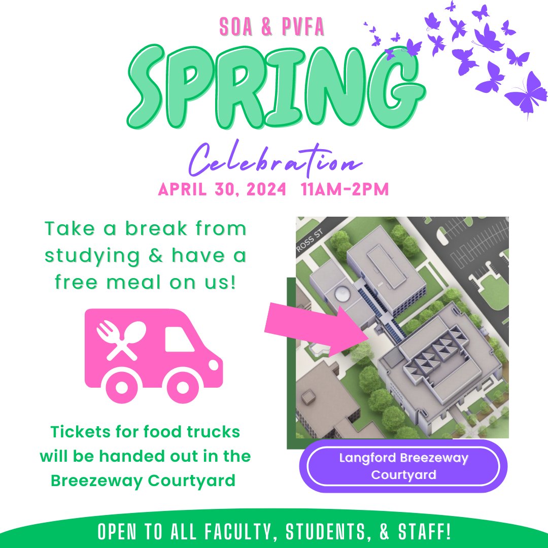 To help you prep for final exams, all School of Architecture and @TAMUpvfa students, staff and faculty are invited to attend today's Spring Celebration, with free food trucks TODAY in the Langford Breezeway courtyard from 11 a.m. to 2 p.m. You got this Ags - we believe in you!