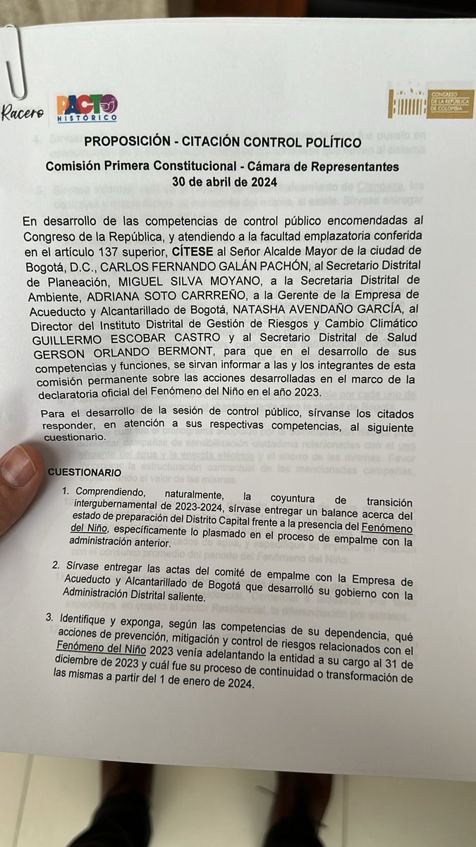 #LOÚLTIMO | Pacto Histórico citó a debate de control político al alcalde Carlos Fernando Galán por la situación de los embalses que abastecen a Bogotá.

Más en noticiascaracol.com